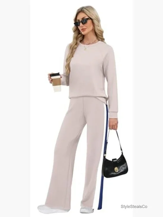 Women's 2-Piece Tracksuit Set Long Sleeve Pullover Wide Leg Pants - Picture 5 of 7
